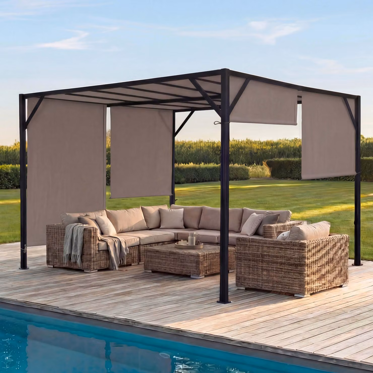 Pergola Beja, gazebo da giardino con copertura per terrazza, robusto telaio in acciaio da 6 cm + tetto scorrevole color tortora ~ 4x4 m