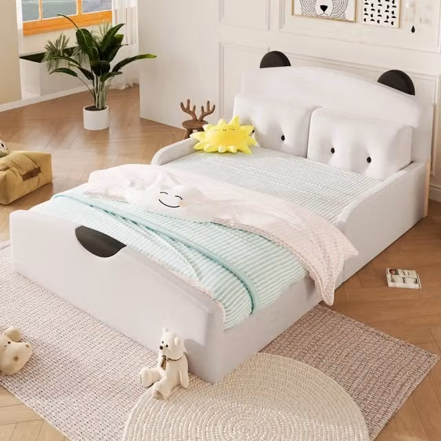 Letto imbottito 140x200 con testiera a forma di orso; rivestimento in lino bianco per camera di bambini e ragazzi