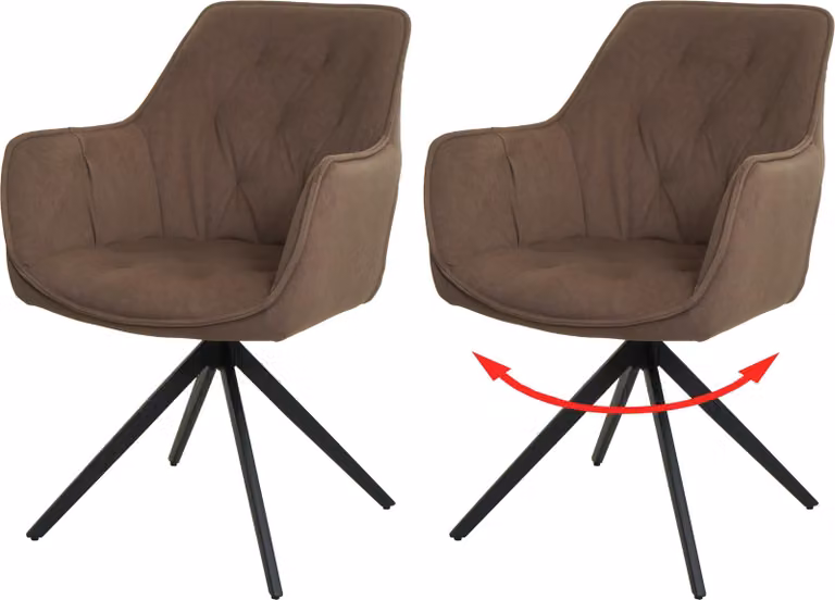 set di 2 sedie per sala da pranzo HWC-L80, sedia da cucina imbottita con braccioli, girevole, metallo tessuto/tessuto ~ marrone