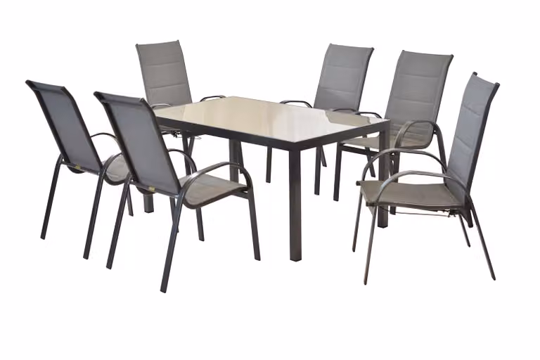 Set di mobili da giardino Merxx Amalfi 7 pezzi, 4 sedie impilabili, 2 sedie con molle a gas, 1 tavolo 150 x 80 cm - alluminio/tessuto