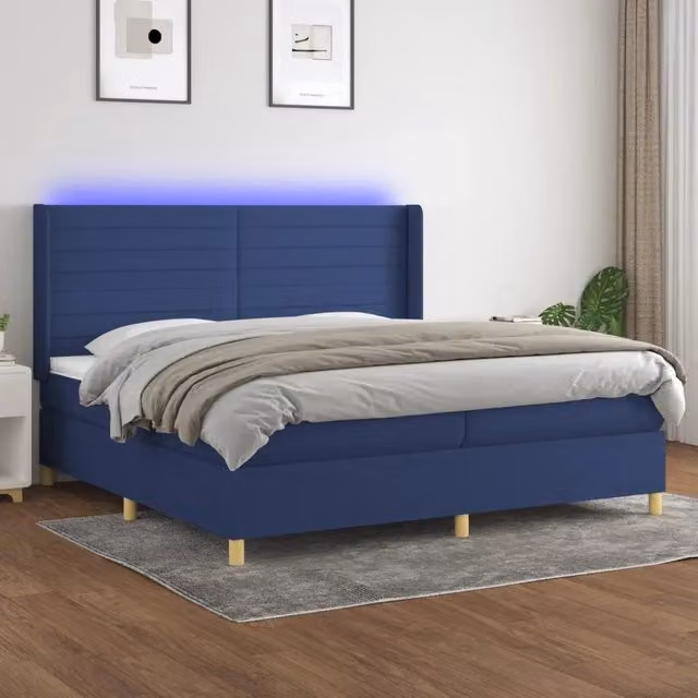Letto a molle vidaXL con illuminazione LED blu e porta USB, rivestimento in tessuto bianco e blu, L/P: 200 x 200 cm – 1
