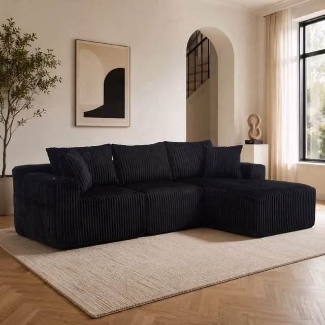 Divano modulare con chaise longue e 2 posti in corduroy nero; 257x160x62 cm