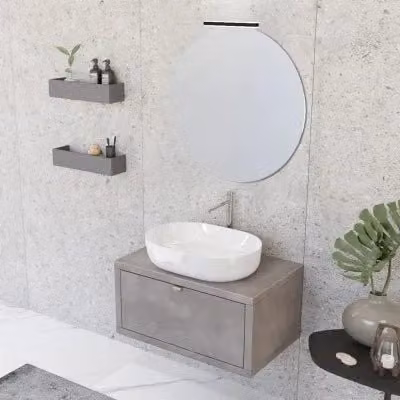 Mobile bagno sospeso INBAGNO Master grigio con lavabo a bacinella, specchio tondo con illuminazione LED e ante soft-close, Larghezza: 80 cm