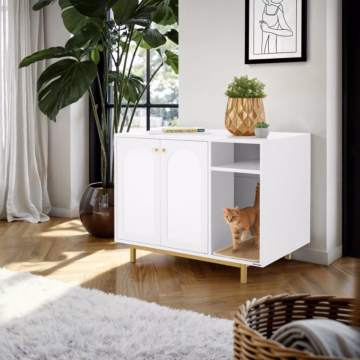 Mobile lettiera per gatti Kalea TecTake con ingresso laterale e tappetino tiragraffi, bianco e oro – 1
