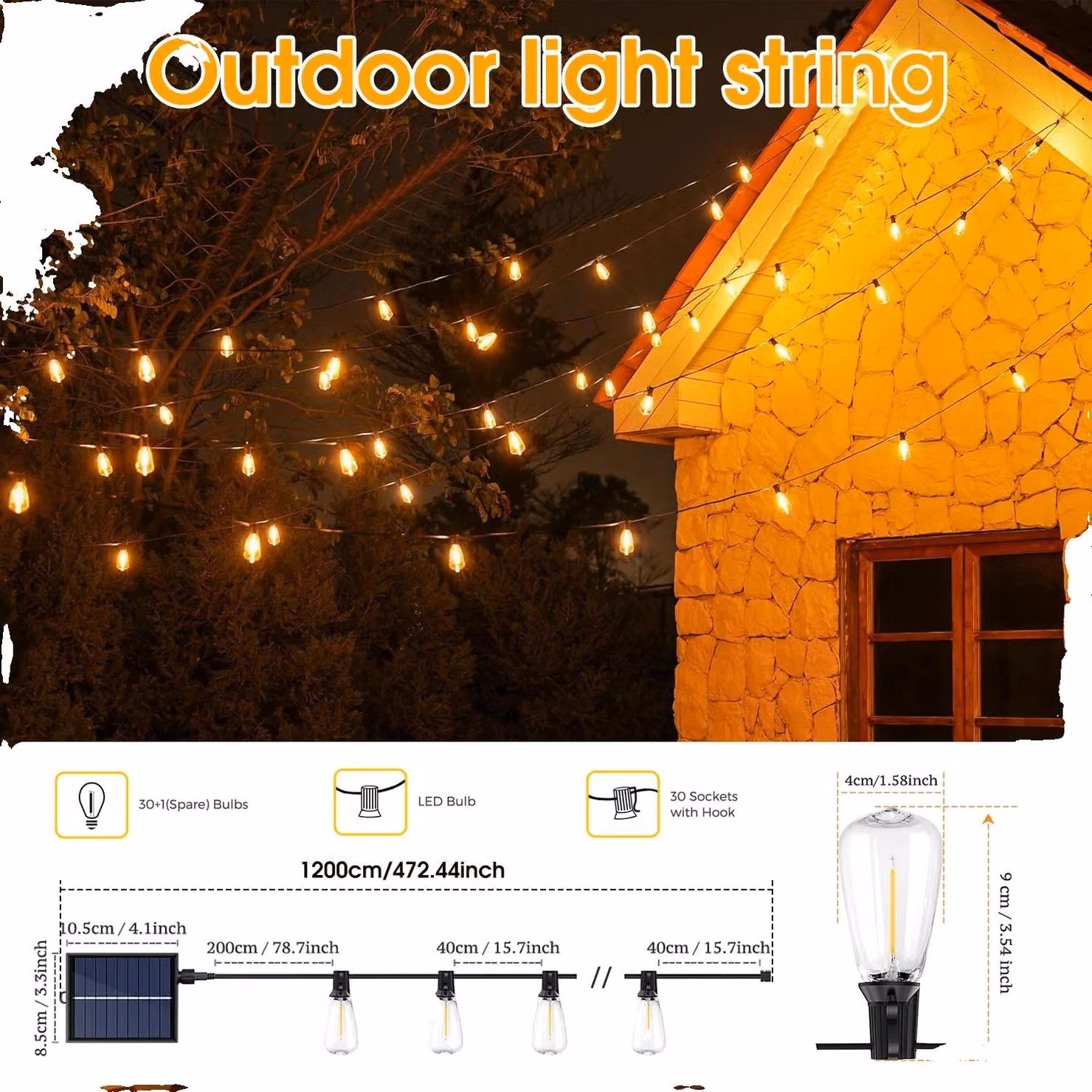 Catene luminose solari, impermeabili, con opzioni di regolazione dell'intensità, lunghezza 12 metri, 30 lampadine