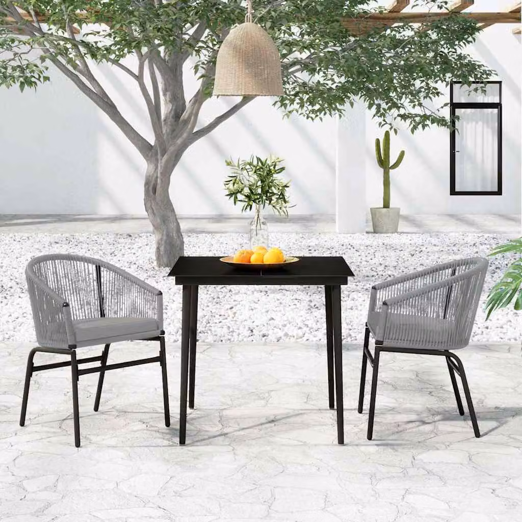 Set da giardino vidaXL in 3 pezzi moderno color antracite con tavolo in vetro e sedie in metallo e rattan
