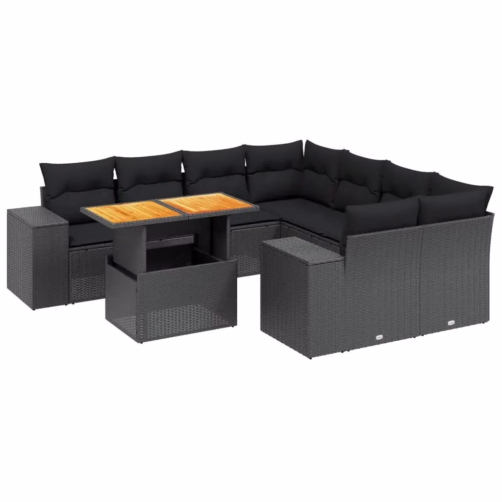 Set di Divani da Giardino vidaXL 9 pz a Forma a L con Cuscini, Polyrattan e Legno di Acacia, Colore Nero – 2