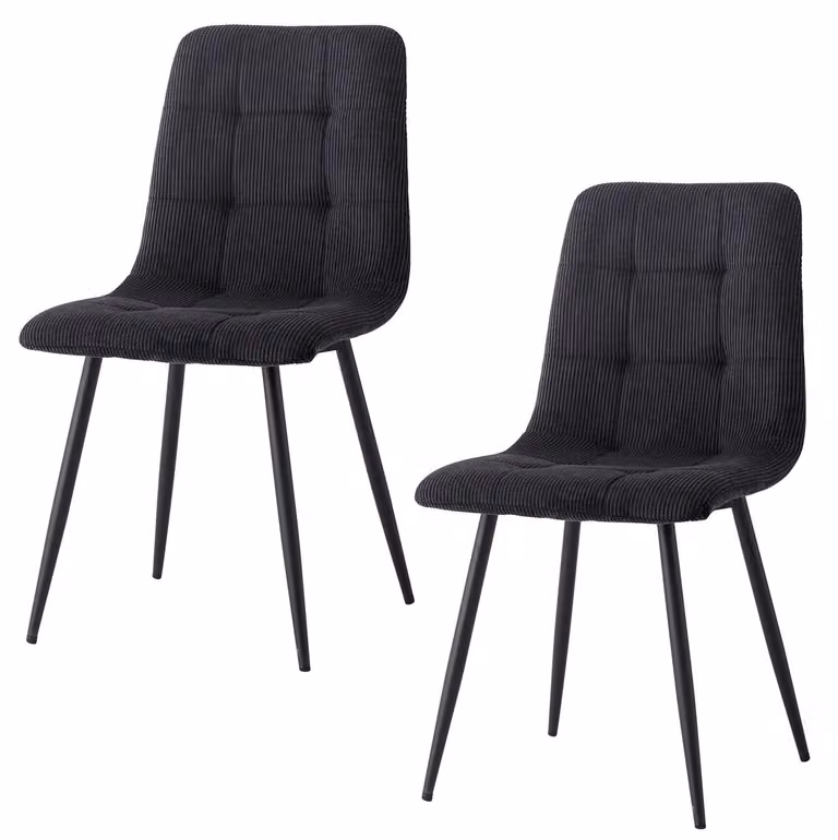 Sedie da pranzo - Set da 2 - Moderne sedie da pranzo - Rivestimento in tessuto a coste - Imbottite - Gambe in metallo - Senza braccioli - Colore: nero