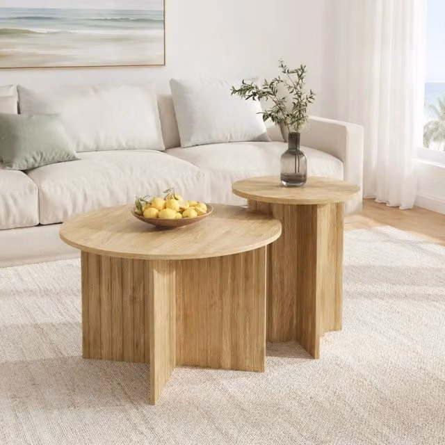 Set di 2 tavolini bassi rotondi impilabili 76x76x50/40x40x56,5 cm, effetto legno, MDF/PB