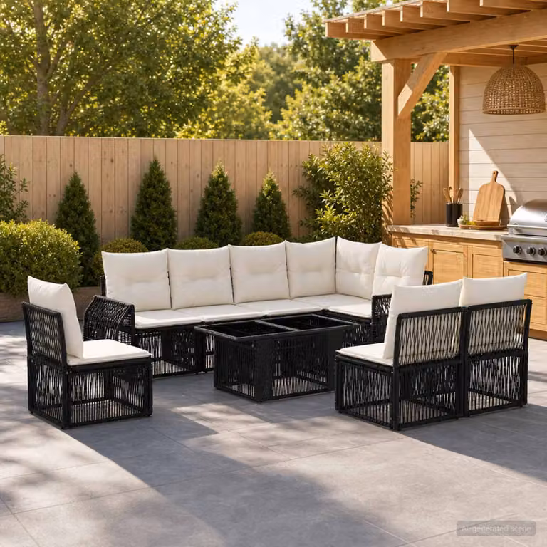Set Divano da Giardino vidaXL 9 pz in Polyrattan Nero e Bianco Crema con Cuscini e Tavolino da Esterno