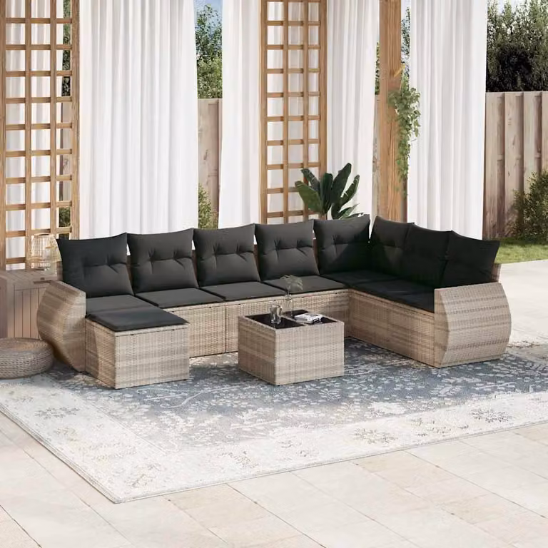 vidaXL Set Divano da Giardino a L 9pz in Polyrattan Grigio con Cuscini e Tavolino