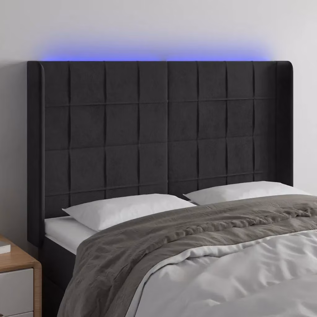 Testata del letto con illuminazione LED e porta di ricarica USB in velluto nero L: 147 cm, P: 16 cm, H: 118/128 cm – 2
