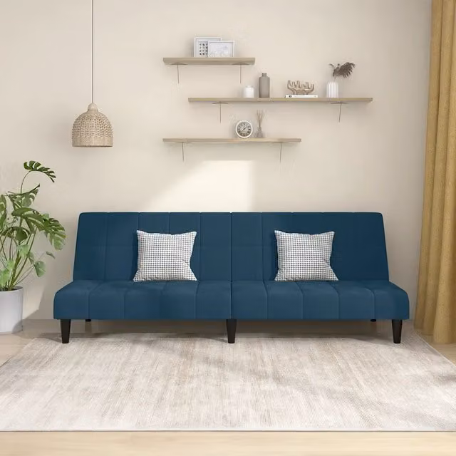 Divano Letto Click Clack vidaXL in Velluto Blu con Struttura in Legno Solido e Poggiatesta Regolabile, L/P/H: 200 x 140 x 84,5 cm