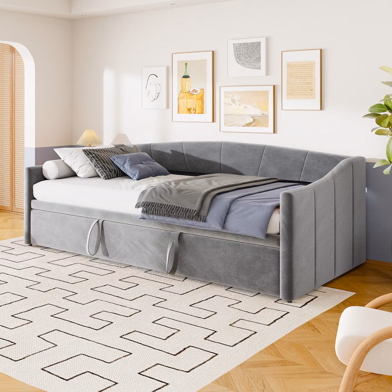 CDGlobal letto imbottito per ospiti divano letto estensibile 90x200 cm, letto con rete a doghe, letto multifunzionale, delicato sulla pelle, tessuto di lino, struttura letto per bambini, ragazzi e adulti, tessuto di velluto (grigio)