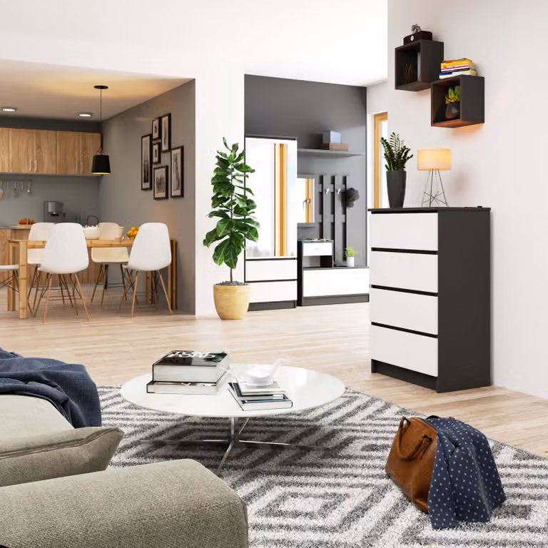Credenza alta 60 cm con 4 cassetti, mobile da sala da pranzo, 99 cm di altezza, 40 cm di profondità