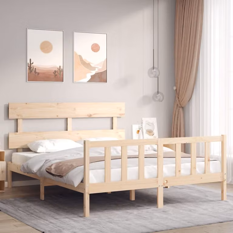 The Living Store Letto in legno massiccio con testiera 160x200 cm