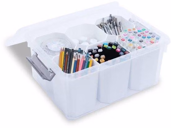 Contenitore trasparente Ibenzoa® da 16 litri con coperchio – 6 inserti removibili da 1,6 litri ciascuno, impilabile e nidificabile, in plastica PP5, dimensioni 39x30x18 cm – ideale per cosmetici, ufficio e hobby