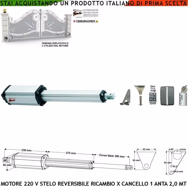 Motore Elettromeccanico Per Cancello Battente Anta da 2 Metri Stelo Retrattile Reversibile Corsa 300 mm 230 V Spinta 250 Kg Ricambio Universale Automazione Securvera Completi di Staffe e Bulloni