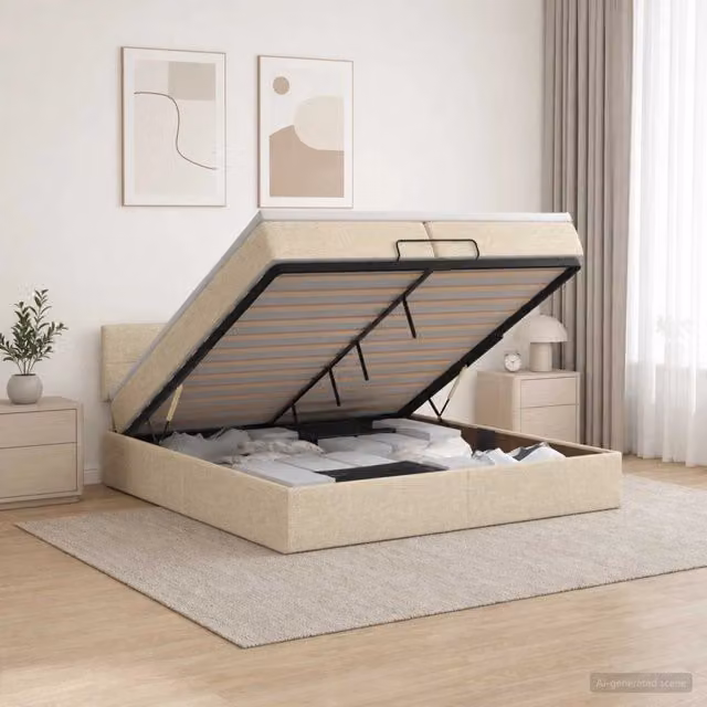 Letto matrimoniale con contenitore a sollevamento vidaXL in tessuto beige L 200 cm x P 200 cm x H 140 cm