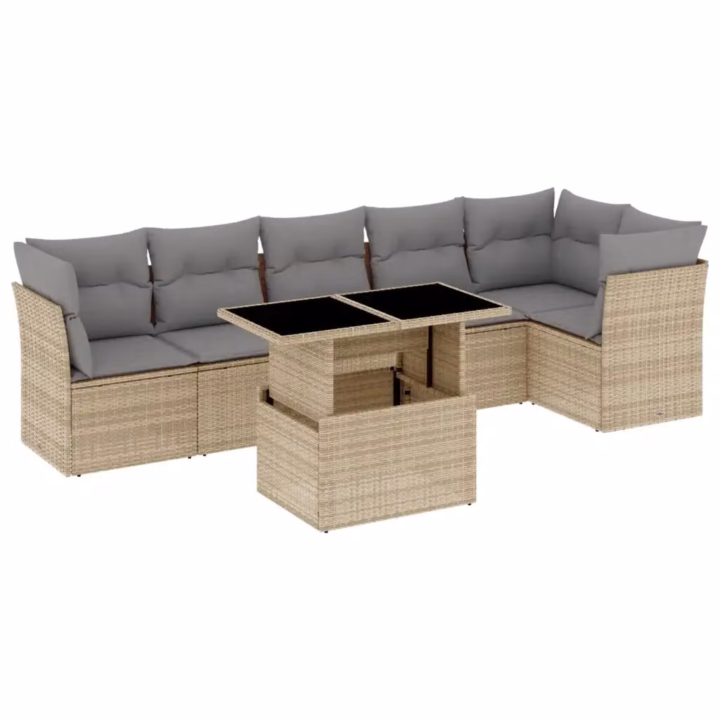 vidaXL Set Divani da Giardino 7 Pezzi con Cuscini Beige e Tavolino in Polyrattan e Metallo – 2