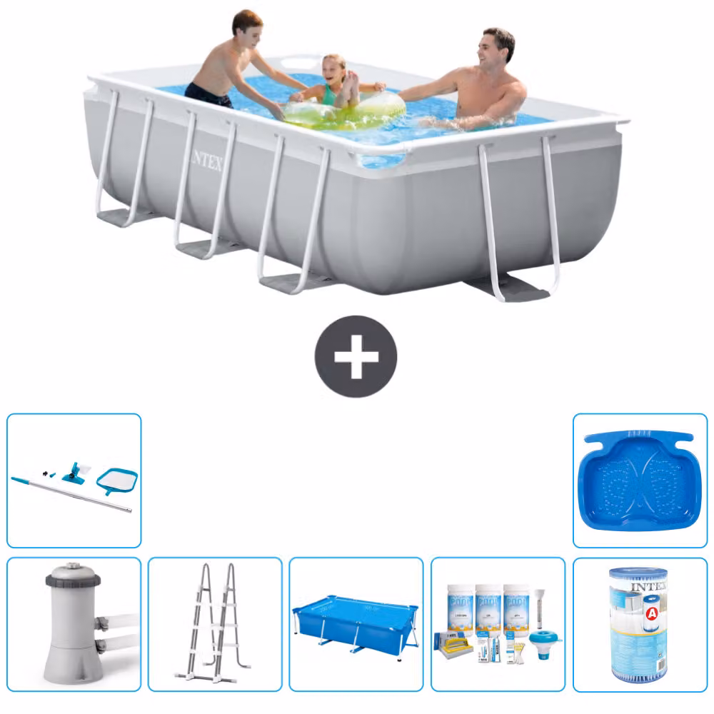 Piscina Intex rettangolare con struttura a prisma - 300 x 175 x 80 cm - grigia - compresa pompa - scaletta tenda da sole - pacchetto manutenzione - filtro - kit pulizia - pediluvio