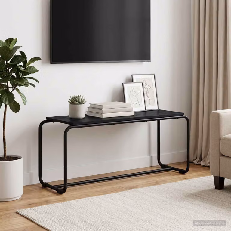 Supporto TV moderno vidaXL in legno e metallo, colore nero e rovere, L 98 x P 35.5 x H 42 cm