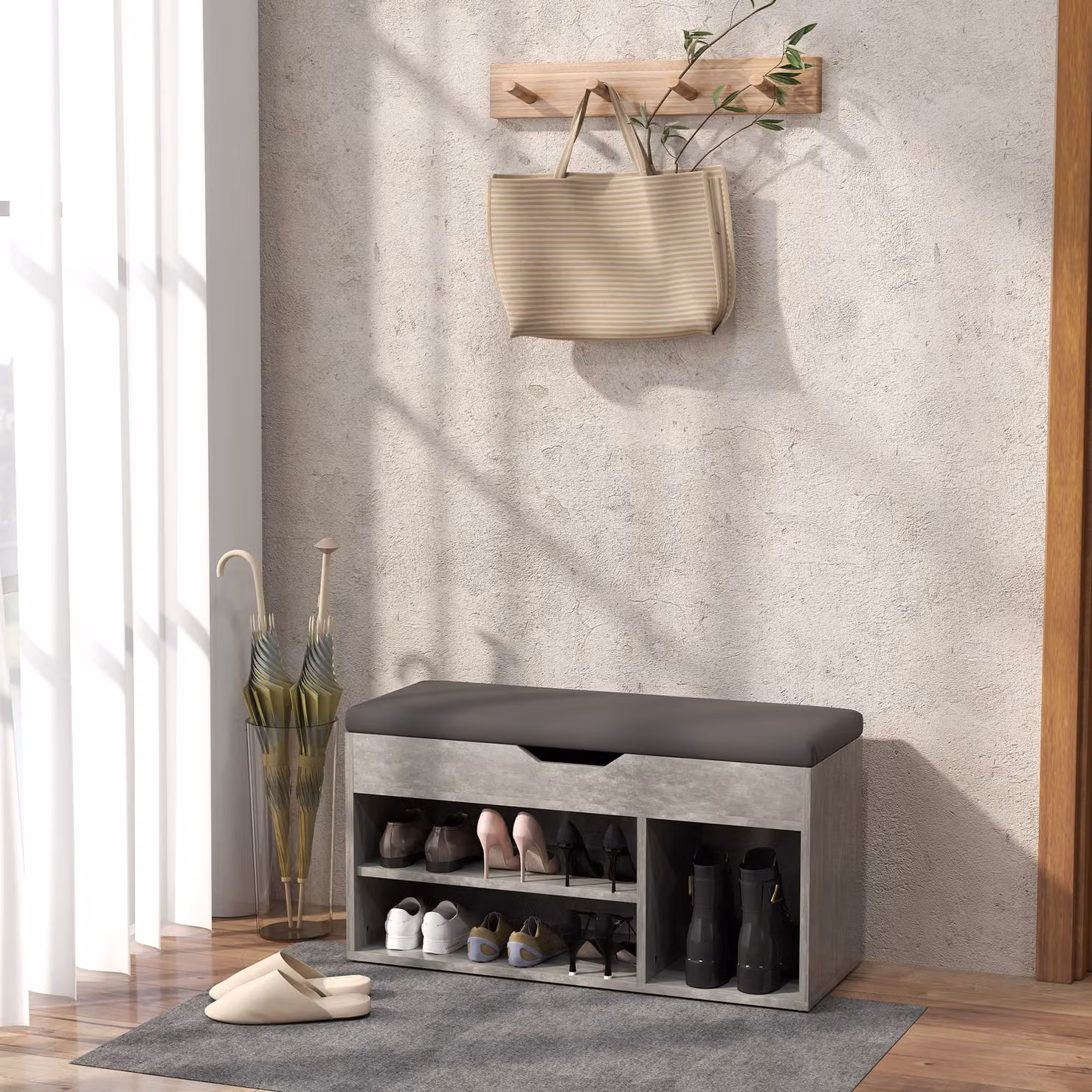 Scarpiera salvaspazio HOMCOM con 3 ripiani aperti e spazio a scomparsa in legno, L: 80 cm, P: 30 cm, H: 45 cm, Nero e Grigio – 2