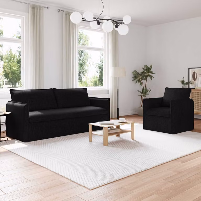 Set di 2 divani moderni vidaXL in tessuto nero con struttura in metallo L: 196 cm, P: 82 cm, H: 85 cm