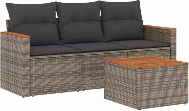 Set Salotto da Giardino 4 Pezzi in Polyrattan Grigio con Cuscini e Tavolino da Caffè Moderno – 1