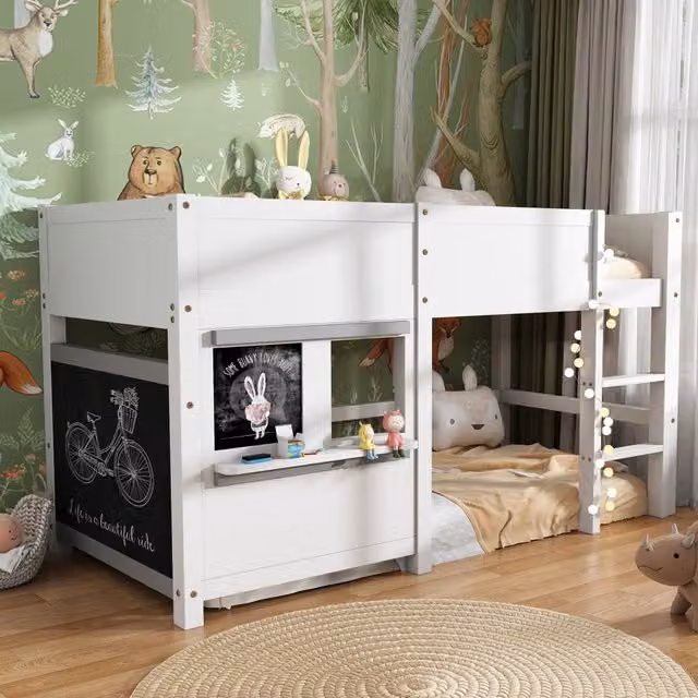 Letto a casetta per bambini 204x98.5x110 cm con lavagna e scala a tre gradini in legno bianco