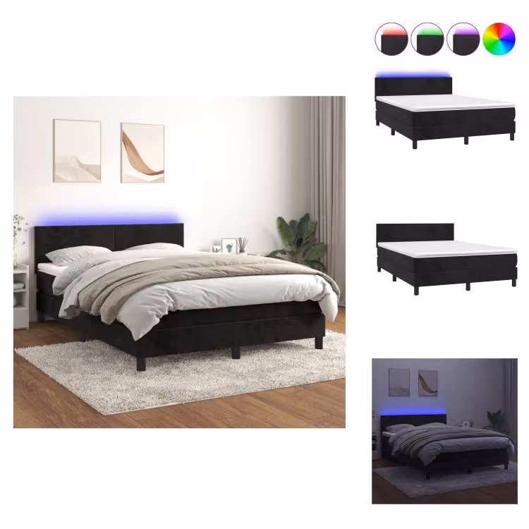 vidaXL Letto a molle con materasso e LED nero 140x200 cm in velluto - Letti e strutture letto