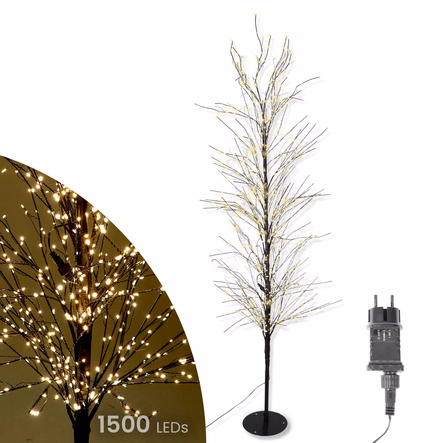 Albero LED 180 cm nero con 1500 LED bianco caldo Funzione timer IP44