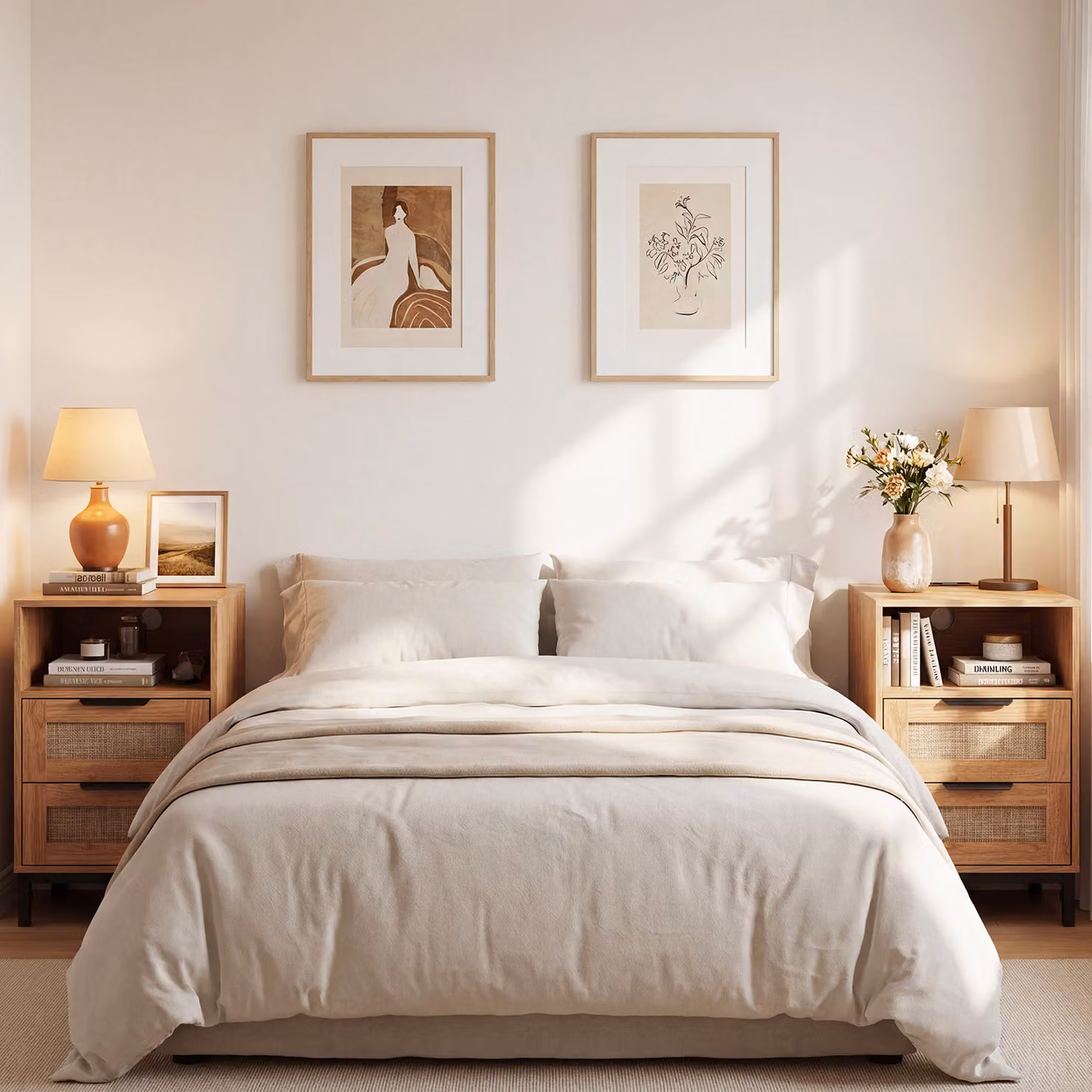 Set di 2 comodini Costway in stile boho con rattan e gambe in metallo, colore naturale, con ripiano aperto e 2 cassetti per camera da letto o soggiorno