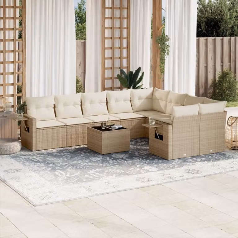 vidaXL Set Divano da Giardino 10 pz in Polyrattan con Cuscini Beige e Tavolino da Esterno