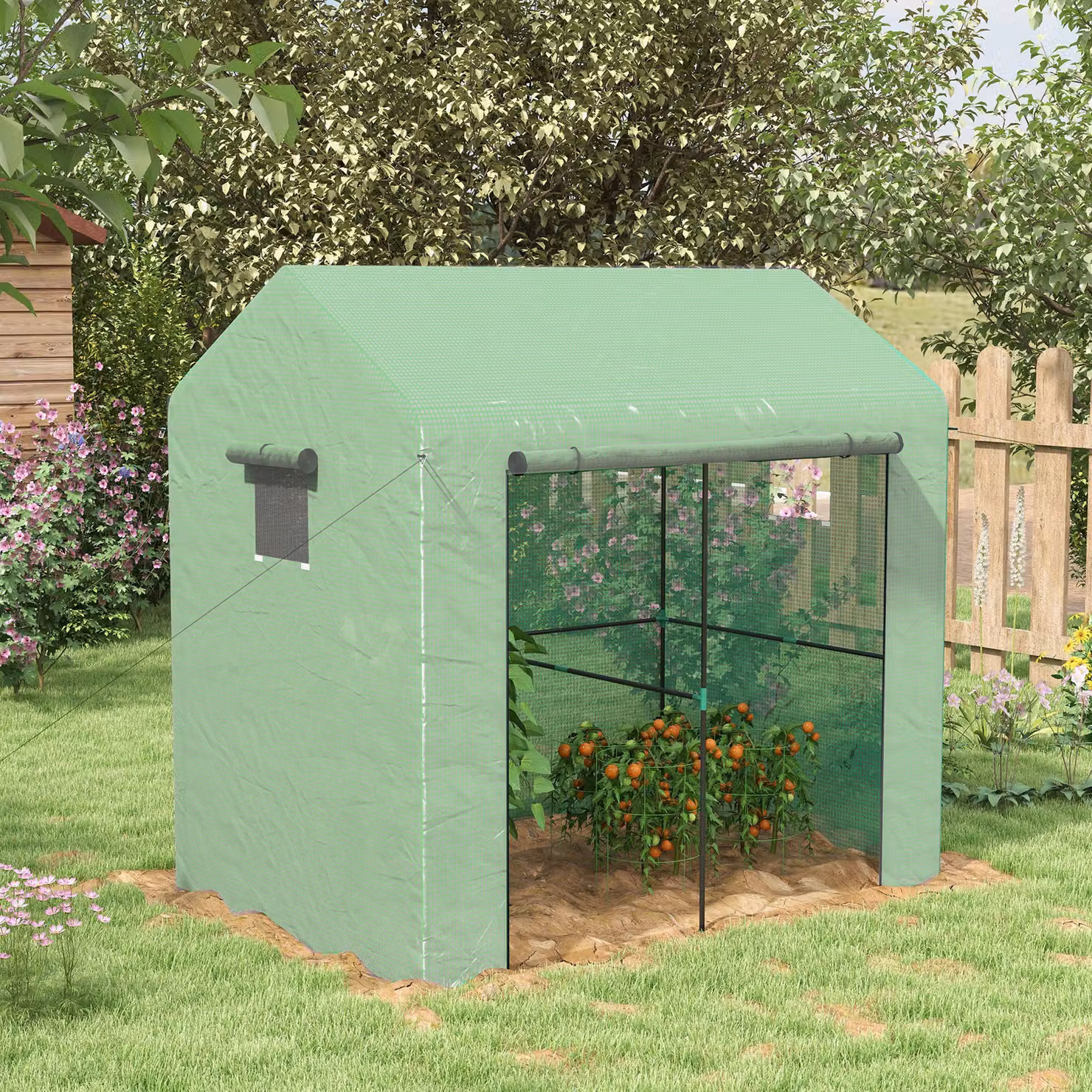 Serra da giardino Outsunny a 2 sezioni con porta e finestre, in acciaio e PE, Verde, L 200 cm x P 140 cm x H 200 cm – 2