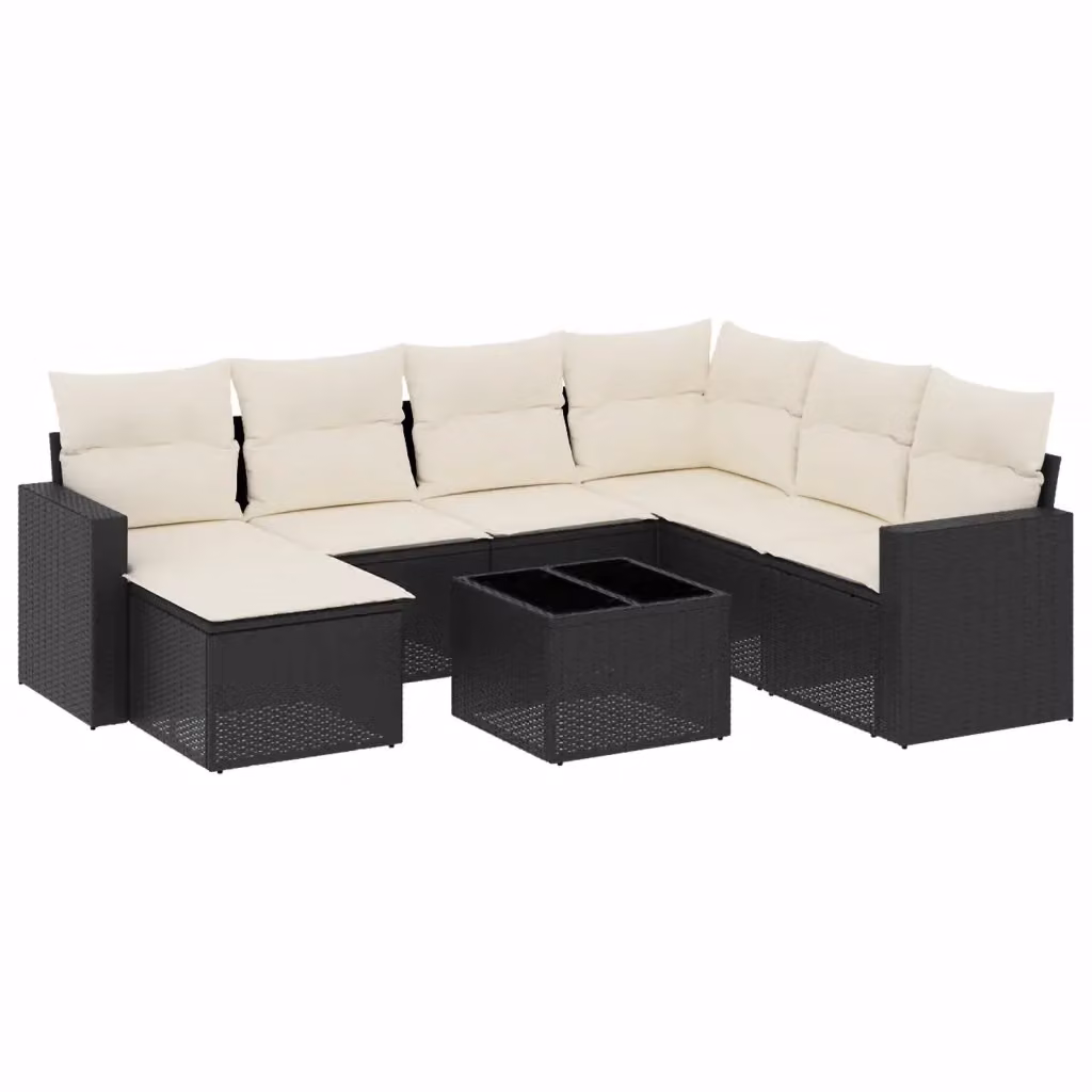vidaXL Set Divani da Giardino a L in Polyrattan Nero con Cuscini e Tavolino da Esterno 8 pz – 2
