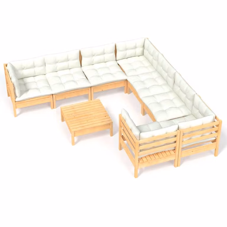 Set Salotto da Giardino 9 pz con Cuscini Crema in Legno di Pino