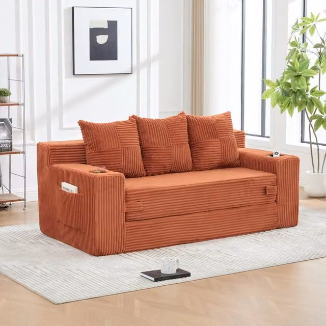 Divano modulare 172x87x64 cm trasformabile in cuscini separati in velluto a coste arancione