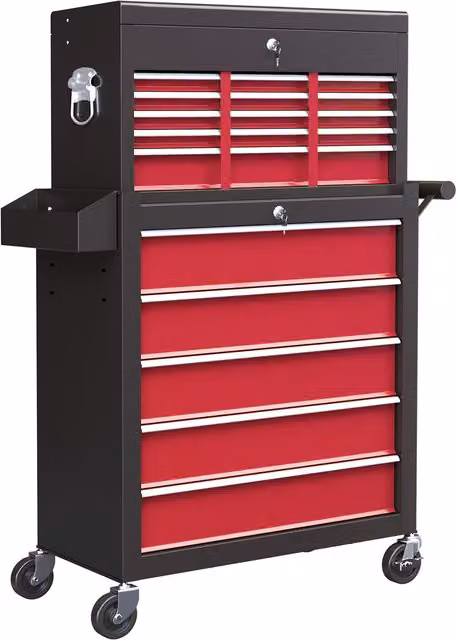 Carrello degli attrezzi HOMCOM in acciaio con 14 cassetti, pannello forato e serratura, Rosso
