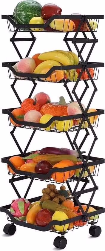 cesto per verdure a 5 livelli, cesto per frutta, portaverdure regolabile con rotelle bloccabili, cesto per frutta, cassetta per verdure per cucina, sala da pranzo, bagno, garage, nero