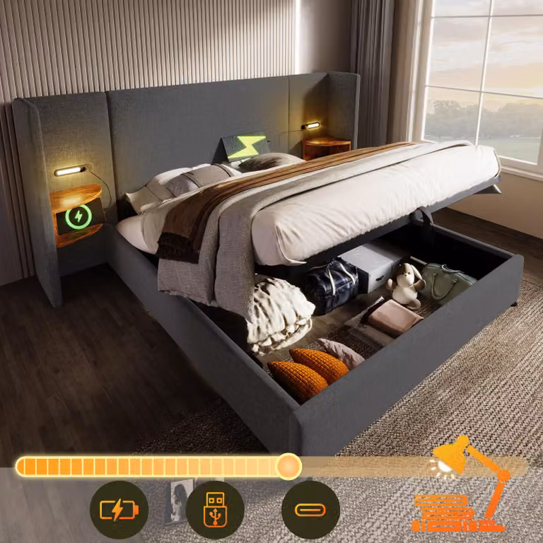 Letto imbottito matrimoniale 180×200 con comodino, lampada da lettura e USB Type-C, sistema letto contenitore, grigio, linoSenza materasso