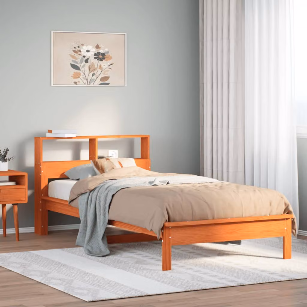 vidaXL Letto Libreria in Legno di Pino con Ripiani Laterali, Marrone Cera, 100x200 cm – 1