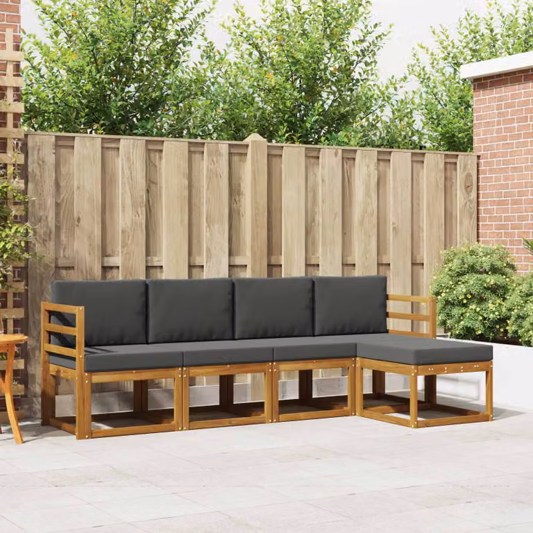 Set di divani da esterno vidaXL a forma di L in legno di acacia con pouf e cuscini, colore marrone e antracite