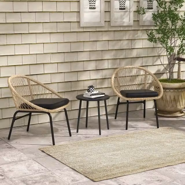 Set da giardino in rattan 3 pezzi con 2 sedie e tavolino rotondo; giallo