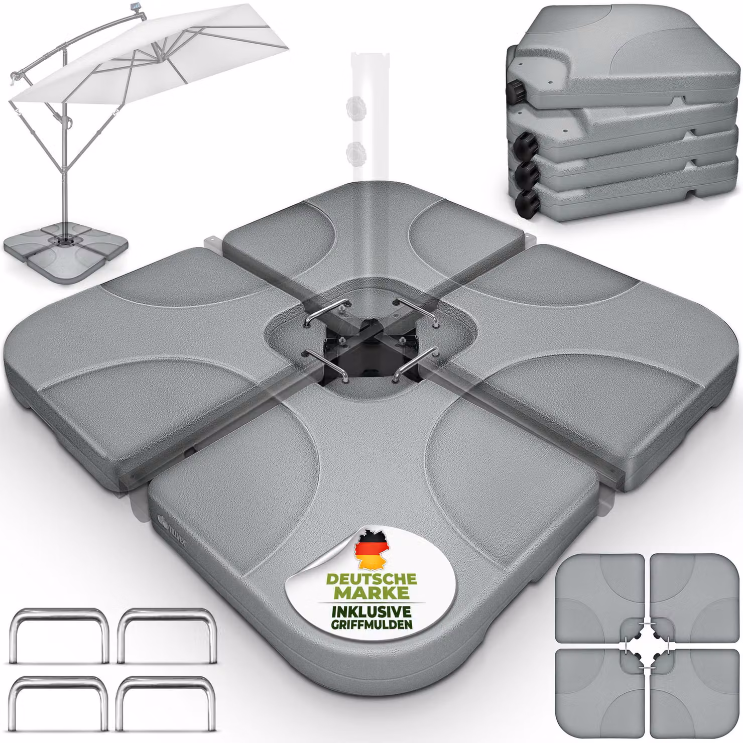 tillvex® Supporto per ombrellone grigio 60 litri / 80 kg - 4 pezzi per ombrellone a sbalzo incl. connettore in metallo | peso dell'ombrellone riempibile con acqua o sabbia | supporto per ombrellone a sbalzo resistente alle intemperie