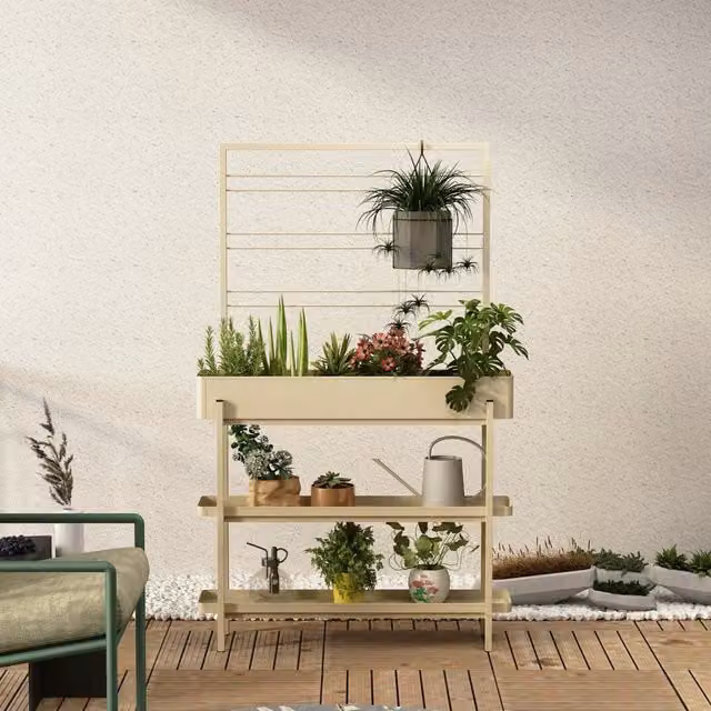 Fioriera Ox Zeroper beige con 3 piani e griglia in metallo L: 96 cm, P: 24 cm, H: 155 cm