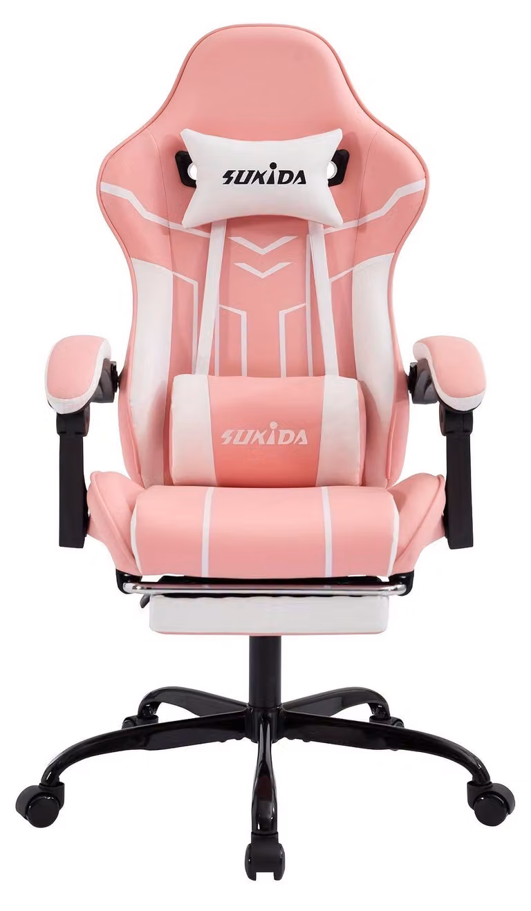 Sedia da gaming – Sedia ergonomica da scrivania con poggiapiedi e meccanismo di inclinazione a 135° – Rosa e bianca