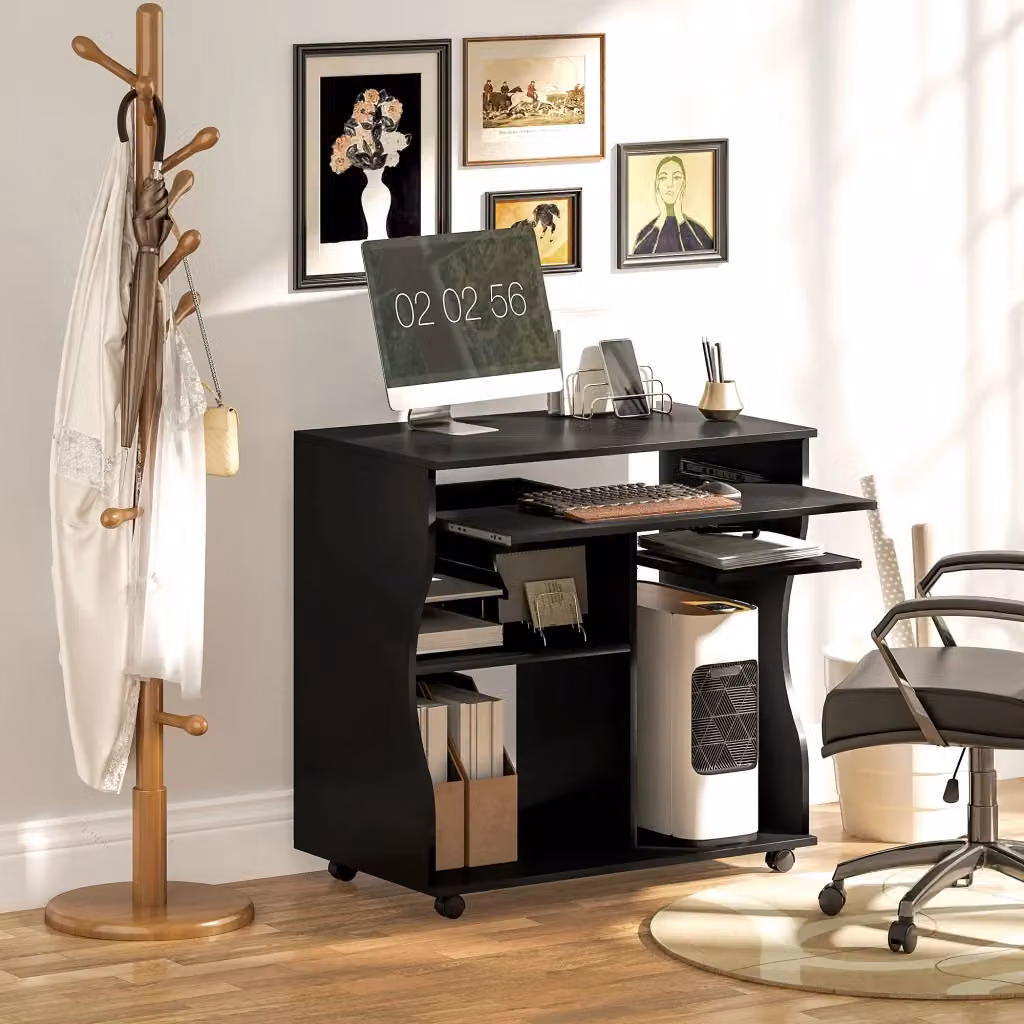 Scrivania per PC WISHDOR nera con ruote e design minimalista, L: 80 cm, P: 48 cm, H: 75 cm – 2