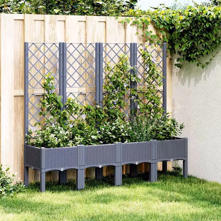 Fioriera da giardino con traliccio vidaXL in plastica, colore grigio blu, L: 160 cm, P: 40 cm, H: 142 cm