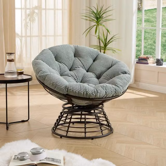 Poltrona Papasan Girevole MINIMAL in Vimini e Rattan con Cuscino Verde e Struttura Marrone